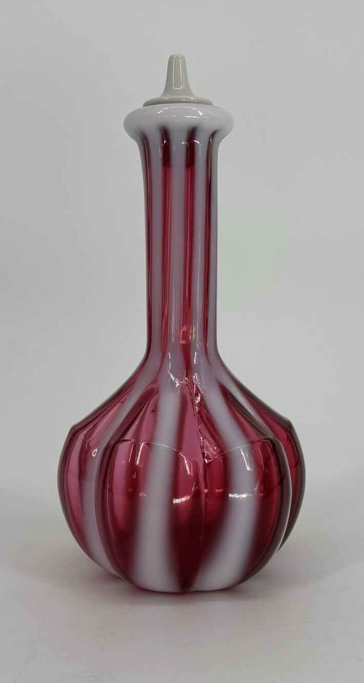 Vtg Fenton Cranberry Opalescent Glass Barber Bottle Striped Optic Rib W/Stopper